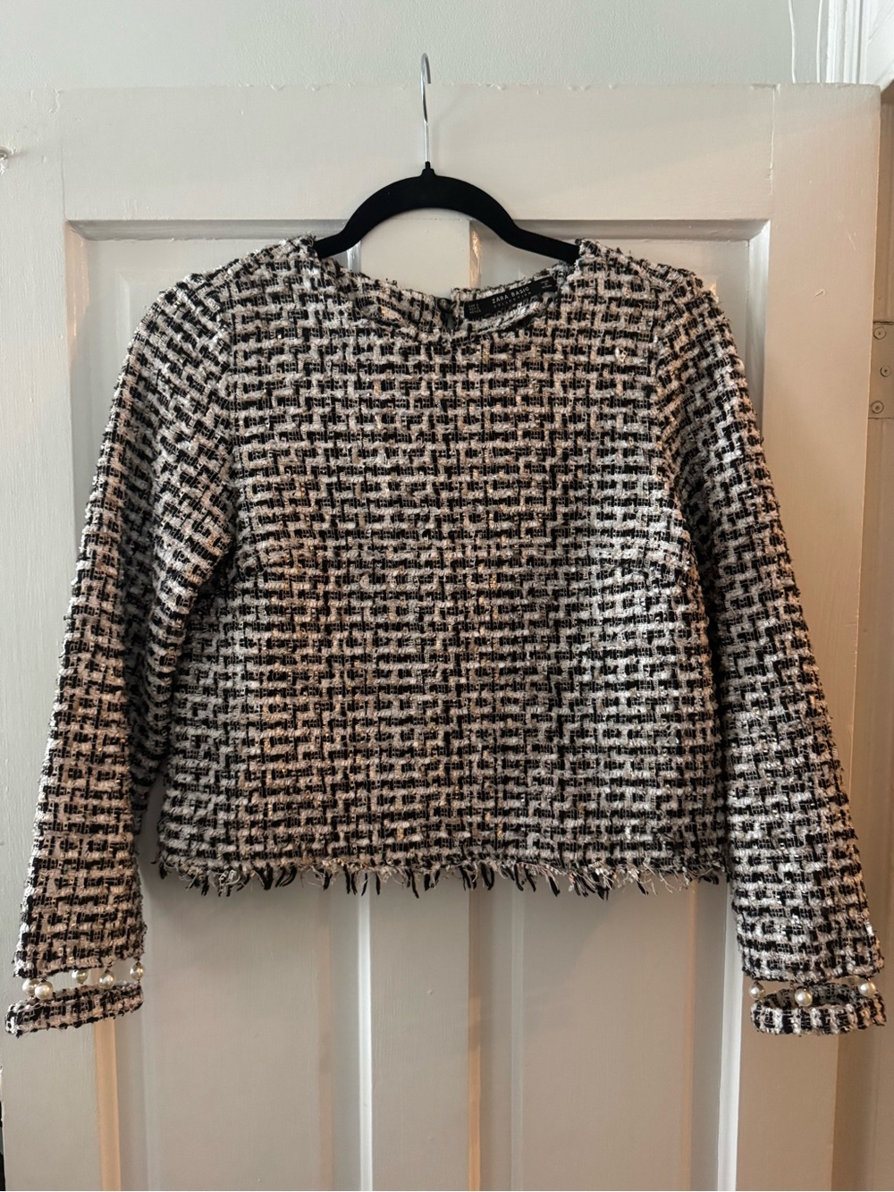 Zara Black & Cream Tweed Pearl Cuff Cropped Blouse
